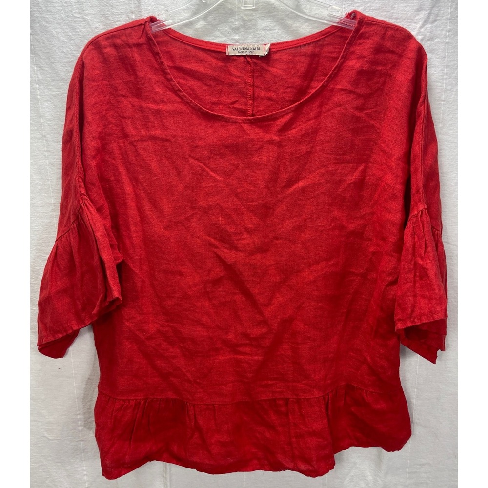 Valentina Naldi Italy Linen Top Womens S Red Ruffle Sleeve‎ Peplum Blouse